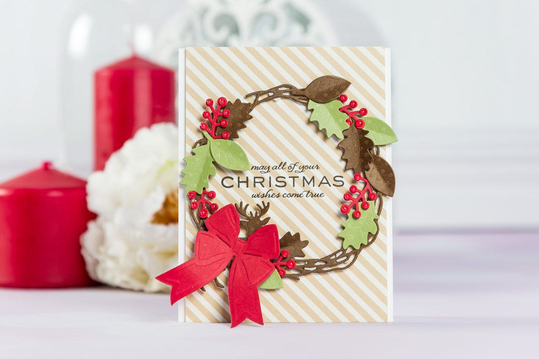 Spellbinders | Christmas Wishes Wreath Card by Yana Smakula using S4-845 Wreath, S5-338 Wreath Elements and S4-844 Winter Canopy and Elements dies #cardmaking #spellbinders #christmascard