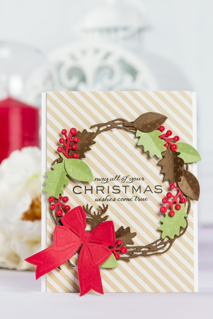 Spellbinders | Christmas Wishes Wreath Card by Yana Smakula using S4-845 Wreath, S5-338 Wreath Elements and S4-844 Winter Canopy and Elements dies #cardmaking #spellbinders #christmascard