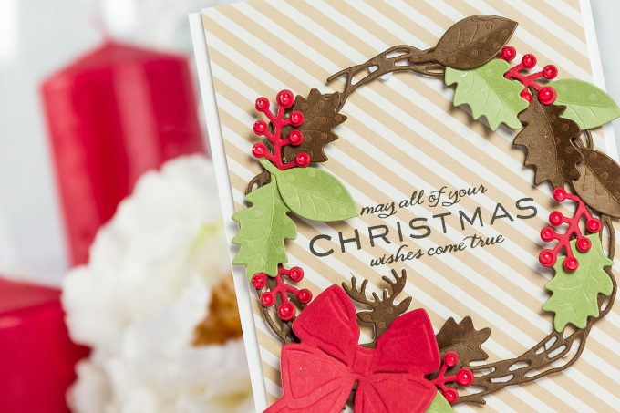 Spellbinders | Christmas Wishes Wreath Card by Yana Smakula using S4-845 Wreath, S5-338 Wreath Elements and S4-844 Winter Canopy and Elements dies #cardmaking #spellbinders #christmascard