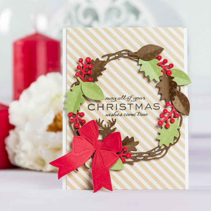 Spellbinders | Christmas Wishes Wreath Card by Yana Smakula using S4-845 Wreath, S5-338 Wreath Elements and S4-844 Winter Canopy and Elements dies #cardmaking #spellbinders #christmascard