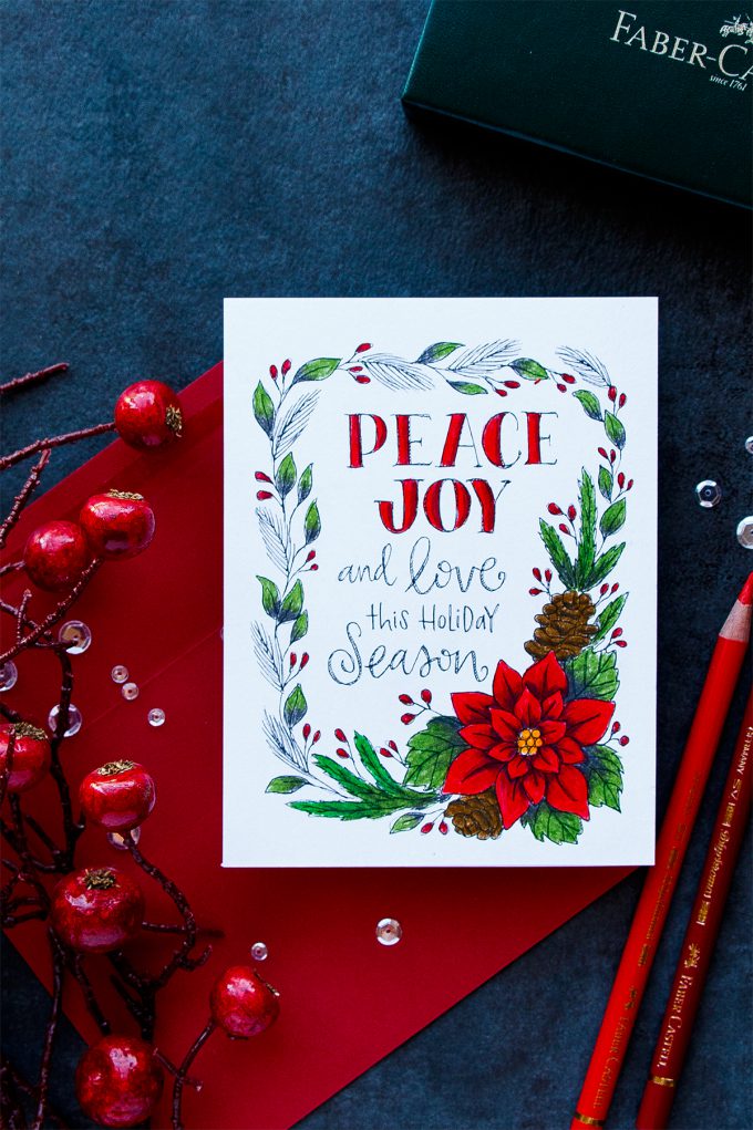 Simon Says Stamp | Polychromos Pencil Colored Suzy's Watercolor Print - Peace & Joy Card. Project by Yana Smakula #cardmaking #simonsaysstamp #christmascard #pencilcoloring