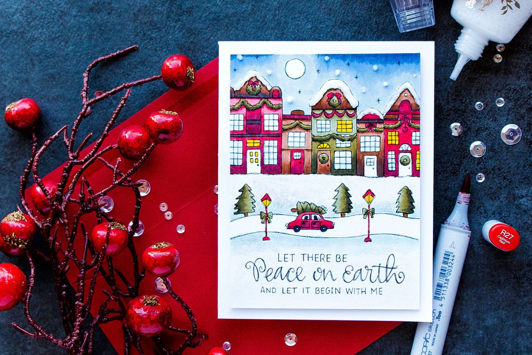 Simon Says Stamp | Copic Colored Suzy's Watercolor Print - Peace on Earth Card. Project by Yana Smakula #coloring #christmascard #simonsaysstamp