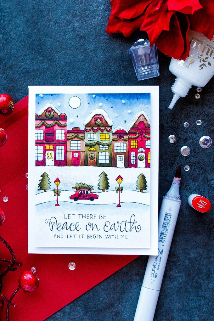 Simon Says Stamp | Copic Colored Suzy's Watercolor Print - Peace on Earth Card. Project by Yana Smakula #coloring #christmascard #simonsaysstamp