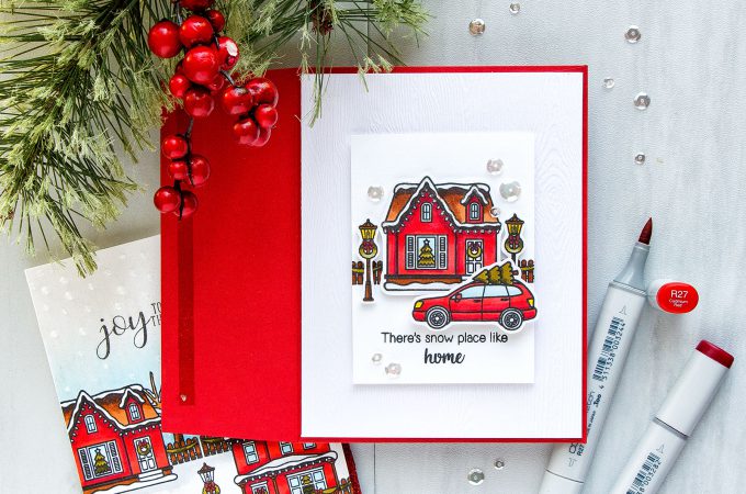 Clean & Simple There's Snow Place Like Home Christmas Card by Yana Smakula. Yippee For Yana video series for Simon Says Stamp Blog #sunnystudio #cardmaking #christmascard #copiccoloring