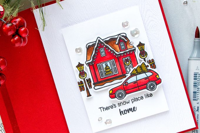 Clean & Simple There's Snow Place Like Home Christmas Card by Yana Smakula. Yippee For Yana video series for Simon Says Stamp Blog #sunnystudio #cardmaking #christmascard #copiccoloring