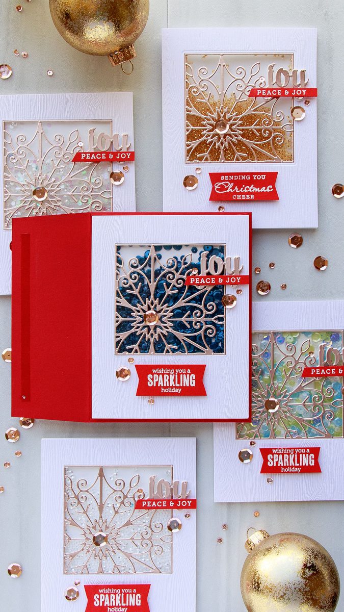 Spellbinders | Snowflake Window Shaker Cards by Yana Smakula. Video tutorial. Cards using Snowflake Snippets S5-301 dies. #cardmaking #shakercard #yanasmakula #spellbinders