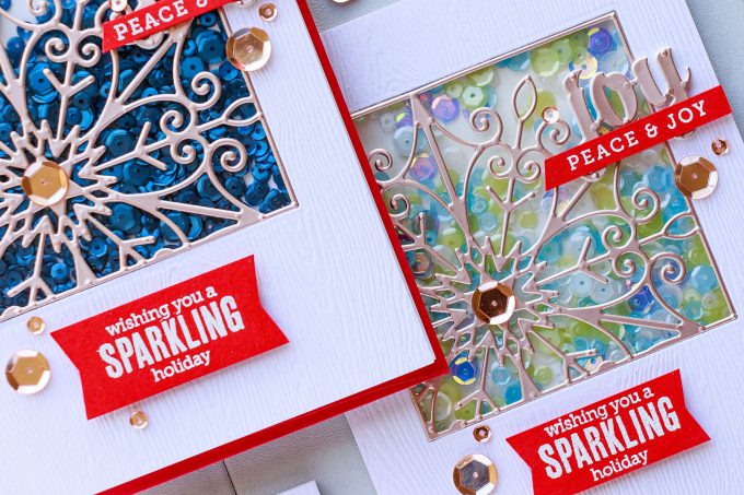 Spellbinders | Snowflake Window Shaker Cards by Yana Smakula. Video tutorial. Cards using Snowflake Snippets S5-301 dies. #cardmaking #shakercard #yanasmakula #spellbinders