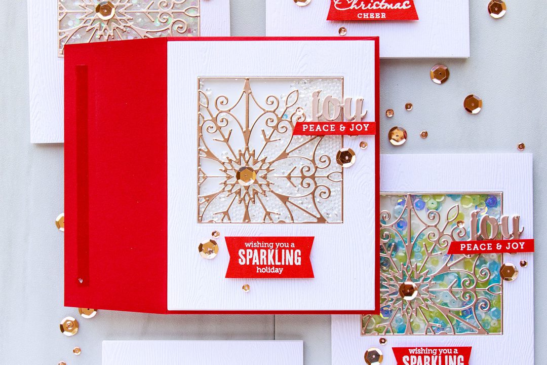Spellbinders | Snowflake Window Shaker Cards by Yana Smakula. Video tutorial. Cards using Snowflake Snippets S5-301 dies. #cardmaking #shakercard #yanasmakula #spellbinders