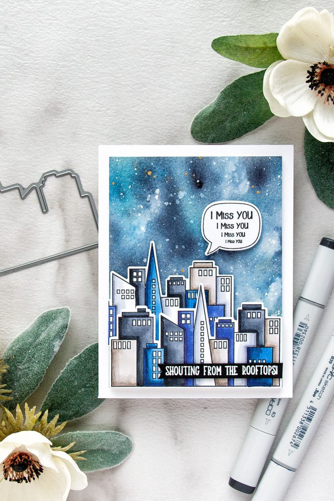 Simon Says Stamp | Shouting From The Rooftops - Miss You Card by Yana Smakula. Galaxy Background + Copic Colored Skyscrapers #simonsaysstamp #sssfriends #watercolorsky #nightskywatercolor #cardmaking #handmadecard