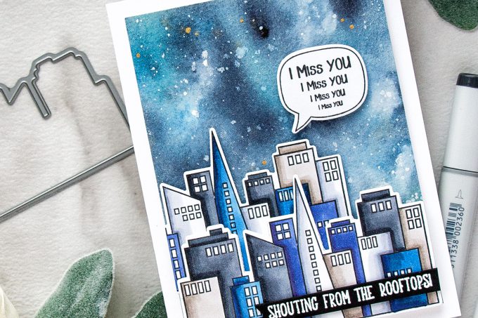 Simon Says Stamp | Shouting From The Rooftops - Miss You Card by Yana Smakula. Galaxy Background + Copic Colored Skyscrapers #simonsaysstamp #sssfriends #watercolorsky #nightskywatercolor #cardmaking #handmadecard