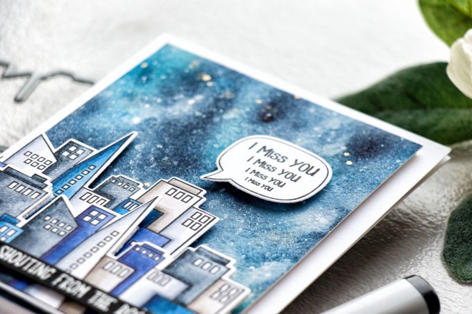 Simon Says Stamp | Shouting From The Rooftops - Miss You Card by Yana Smakula. Galaxy Background + Copic Colored Skyscrapers #simonsaysstamp #sssfriends #watercolorsky #nightskywatercolor #cardmaking #handmadecard