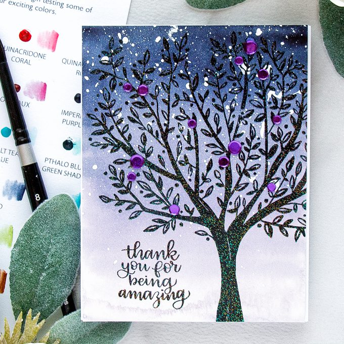 Simon Says Stamp | Watercolor Tree - Thank You For Being Amazing Card using BRUSHED BRANCHES Background SSS101792 stamp. #yanasmakula #simonsaysstamp #sssfriends #friendhsipcard #watercolortree 