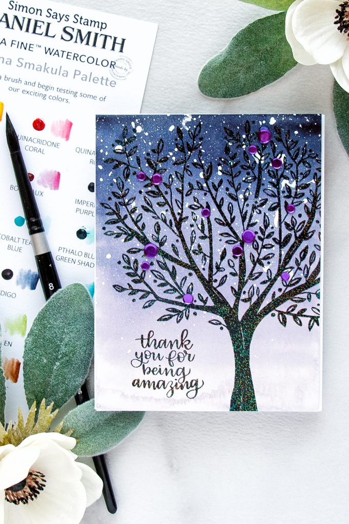 Simon Says Stamp | Watercolor Tree - Thank You For Being Amazing Card using BRUSHED BRANCHES Background SSS101792 stamp. #yanasmakula #simonsaysstamp #sssfriends #friendhsipcard #watercolortree 