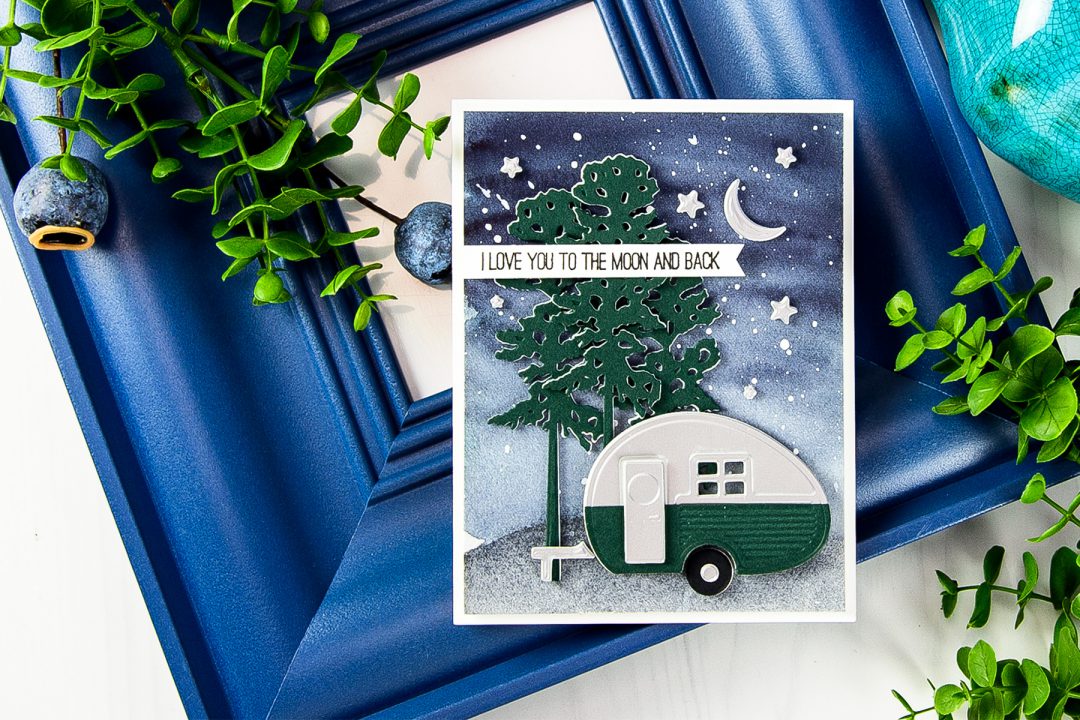 Spellbinders | Love You To The Moon & Back Watercolor Camper Card (Photo Tutorial) by Yana Smakula using Spellbinders S3-296 Die D-Lites Build a Camper Etched Dies, S3-255 Shapeabilities Die D-Lites Canoeing Etched Dies. #spellbinders #neverstopmaking #diecutting #handmadecard #cardsforguys #masculinevalentine #campercard