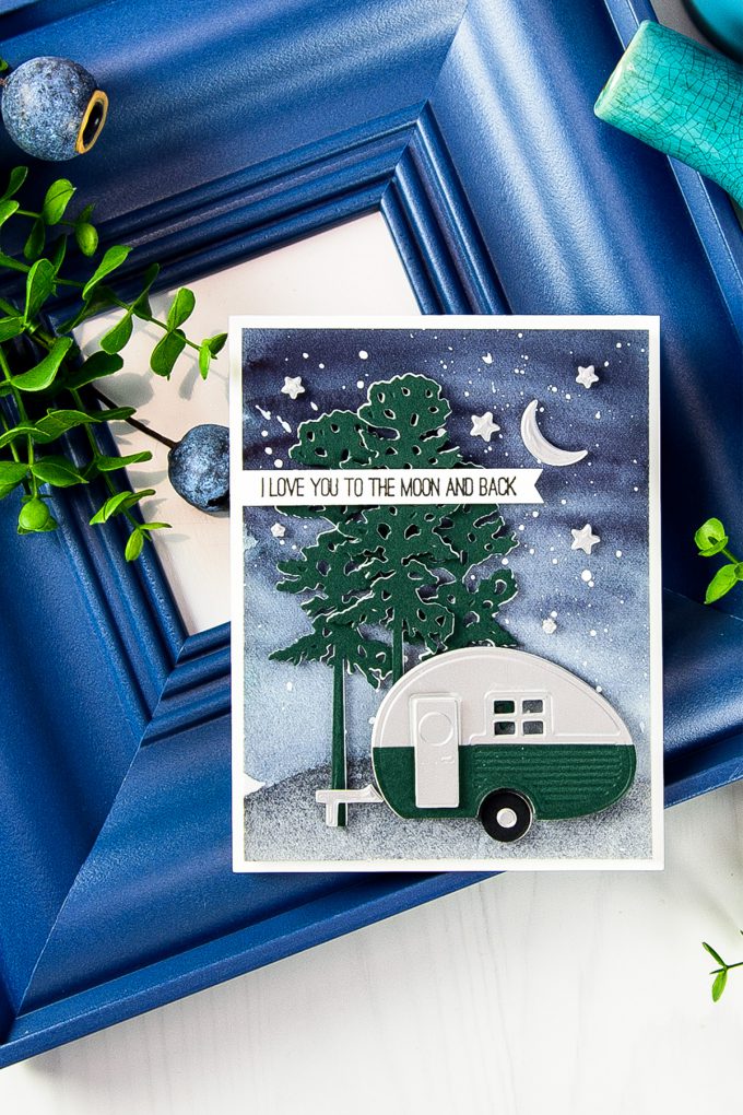 Spellbinders | Love You To The Moon & Back Watercolor Camper Card (Photo Tutorial) by Yana Smakula using Spellbinders S3-296 Die D-Lites Build a Camper Etched Dies, S3-255 Shapeabilities Die D-Lites Canoeing Etched Dies. #spellbinders #neverstopmaking #diecutting #handmadecard #cardsforguys #masculinevalentine #campercard