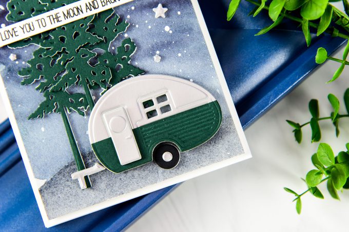 Spellbinders | Love You To The Moon & Back Watercolor Camper Card (Photo Tutorial) by Yana Smakula using Spellbinders S3-296 Die D-Lites Build a Camper Etched Dies, S3-255 Shapeabilities Die D-Lites Canoeing Etched Dies. #spellbinders #neverstopmaking #diecutting #handmadecard #cardsforguys #masculinevalentine #campercard