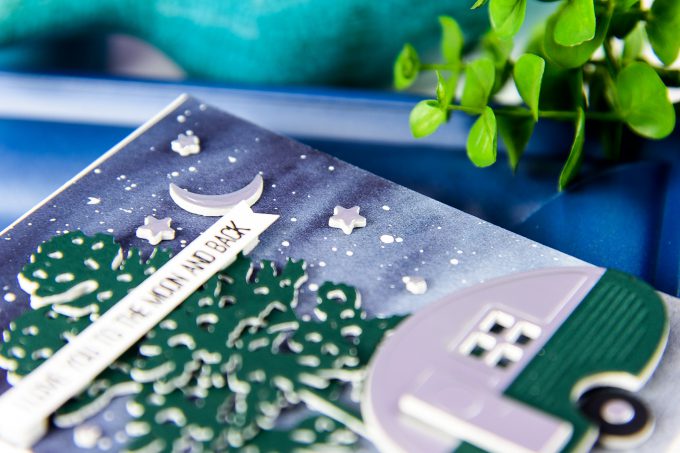 Spellbinders | Love You To The Moon & Back Watercolor Camper Card (Photo Tutorial) by Yana Smakula using Spellbinders S3-296 Die D-Lites Build a Camper Etched Dies, S3-255 Shapeabilities Die D-Lites Canoeing Etched Dies. #spellbinders #neverstopmaking #diecutting #handmadecard #cardsforguys #masculinevalentine #campercard