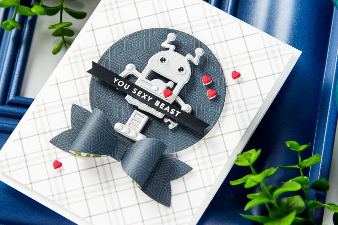 Spellbinders | You Sexy Beast Robot Valentine's Day Card for a Guy by Yana Smakula using S3-309 Die D-Lites Robots Etched Dies, S3-283 Die D-Lites Bow Ties Etched Dies, S3-313 Die D-Lites Love Letter Etched Dies, S4-114 Nestabilities Standard Circles LG Etched Dies. #spellbinders #neverstopmaking #diecutting #handmadecard #guycard #masculinecard #robotscard