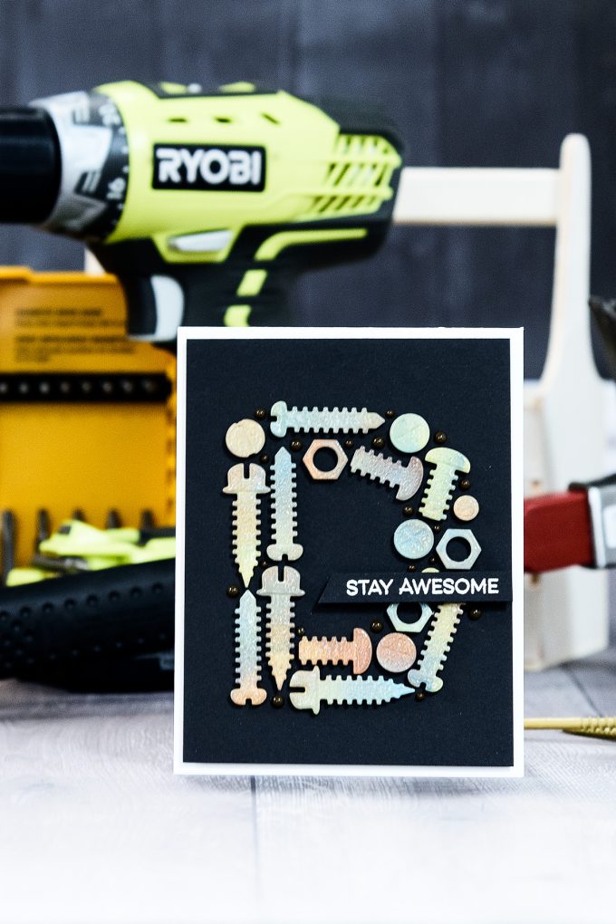Spellbinders | Nuts & Bolts Masculine Monogram Card using S2-288 Bolts & Nuts by Yana Smakula for Spellbinders #spellbinders #cardmaking #diecutting #guycard #masculinecard