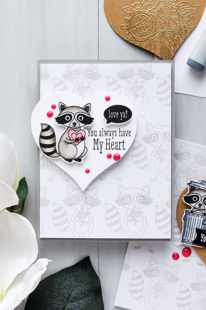 Hero Arts | Heart Shaped Tags + Cards. Video. January My Monthly Hero Blog Hop. Racoon cards by Yana Smakula #heroarts #mmh #stamping