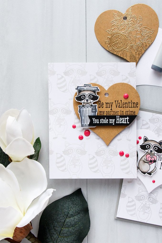 Hero Arts | Heart Shaped Tags + Cards. Video. January My Monthly Hero Blog Hop. Racoon cards by Yana Smakula #heroarts #mmh #stamping