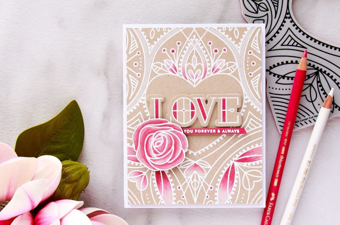 Simon Says Stamp | Center Cut Heart Background - Selective Polychromos Colored Love Card by Yana Smakula. Video tutorial. #valentinesday #lovecard #simonsaysstamp #sss #stamping #pencilcoloring