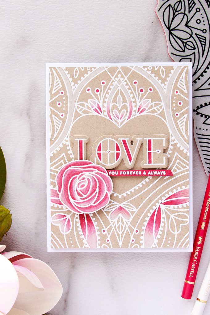 Simon Says Stamp | Center Cut Heart Background - Selective Polychromos Colored Love Card by Yana Smakula. Video tutorial. #valentinesday #lovecard #simonsaysstamp #sss #stamping #pencilcoloring