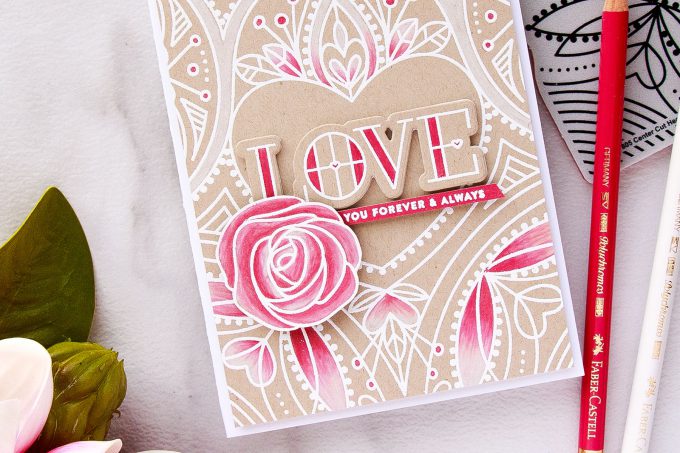 Simon Says Stamp | Center Cut Heart Background - Selective Polychromos Colored Love Card by Yana Smakula. Video tutorial. #valentinesday #lovecard #simonsaysstamp #sss #stamping #pencilcoloring