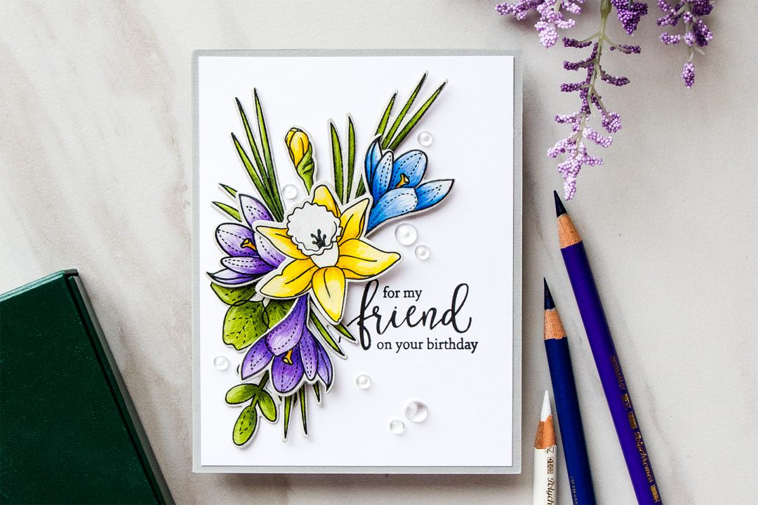 Simon Says Stamp | Spring Flowers Take 2 - Polychromos vs Copics. Handmade Floral Birthday Card colored using Polychromos using More Spring Flowers stamp set by Simon Says Stamp SSS101703 #stamping #adultcoloring #cardmaking #handmadecard #simonsaysstamp