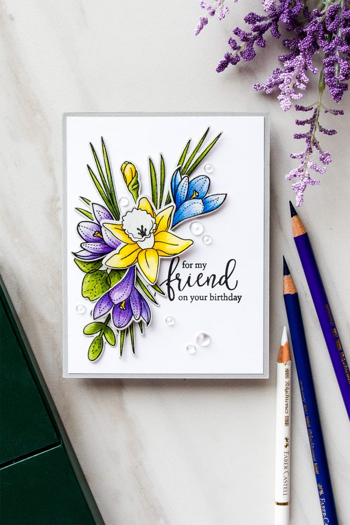 Simon Says Stamp | Spring Flowers Take 2 - Polychromos vs Copics. Handmade Floral Birthday Card colored using Polychromos using More Spring Flowers stamp set by Simon Says Stamp SSS101703 #stamping #adultcoloring #cardmaking #handmadecard #simonsaysstamp