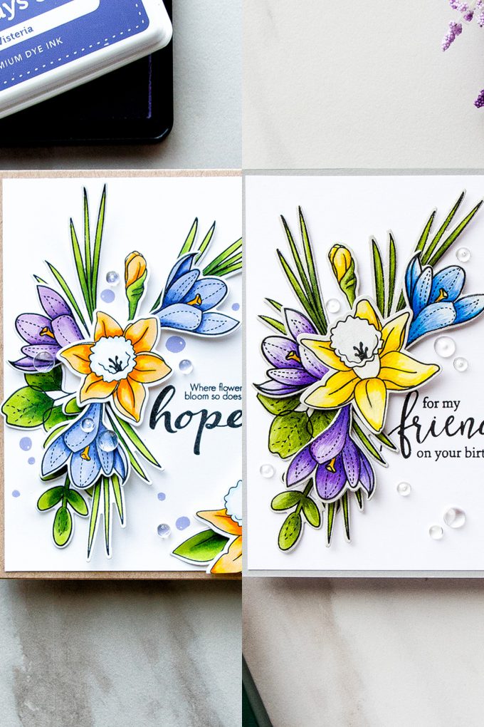 Simon Says Stamp | Spring Flowers Take 2 - Polychromos vs Copics. Handmade Floral Birthday Card colored using Polychromos using More Spring Flowers stamp set by Simon Says Stamp SSS101703 #stamping #adultcoloring #cardmaking #handmadecard #simonsaysstamp