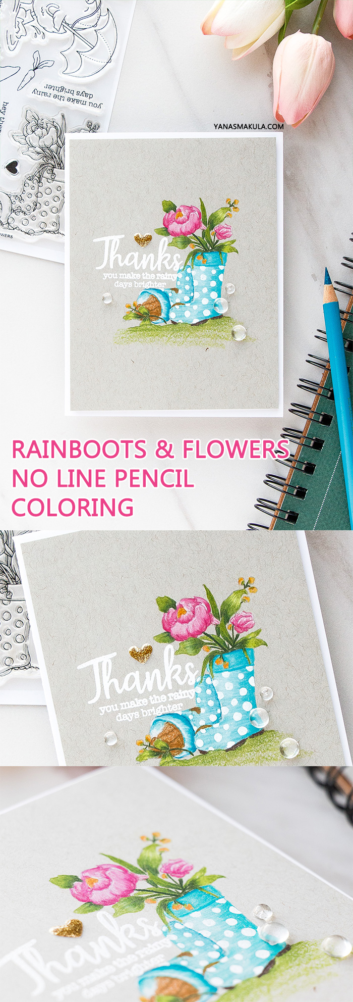 Simon Says Stamp | Rainboots & Flowers - No Line Pencil Coloring using Simon Says Clear Stamps SHOWERS & FLOWERS SSS101822 #stamping #adultcoloring #nolinecoloring #springcard #cardmaking #sssck