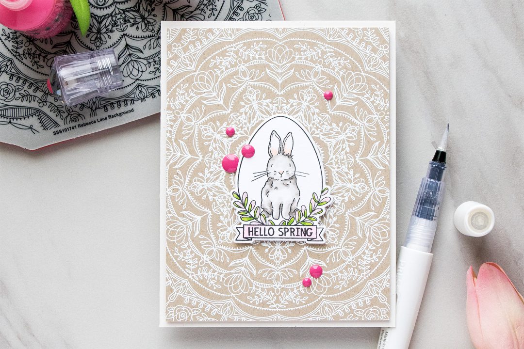 Simon Says Stamp | Hello Spring Bunny card by Yana Smakula using Spring Seeds SSS101700 and Rebecca Lace SSS101741 stamps from Simon Says Stamp. #stamping #adultcoloring #springcard #bunnycard