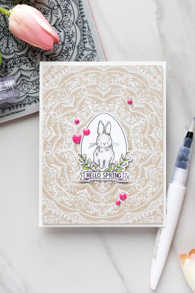 Simon Says Stamp | Hello Spring Bunny card by Yana Smakula using Spring Seeds SSS101700 and Rebecca Lace SSS101741 stamps from Simon Says Stamp. #stamping #adultcoloring #springcard #bunnycard