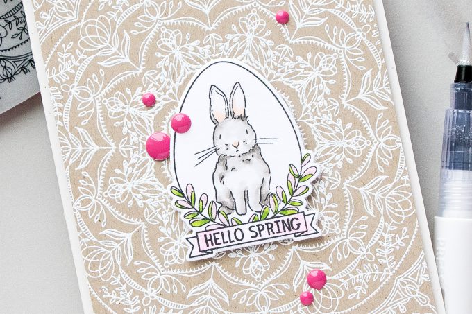 Simon Says Stamp | Hello Spring Bunny card by Yana Smakula using Spring Seeds SSS101700 and Rebecca Lace SSS101741 stamps from Simon Says Stamp. #stamping #adultcoloring #springcard #bunnycard