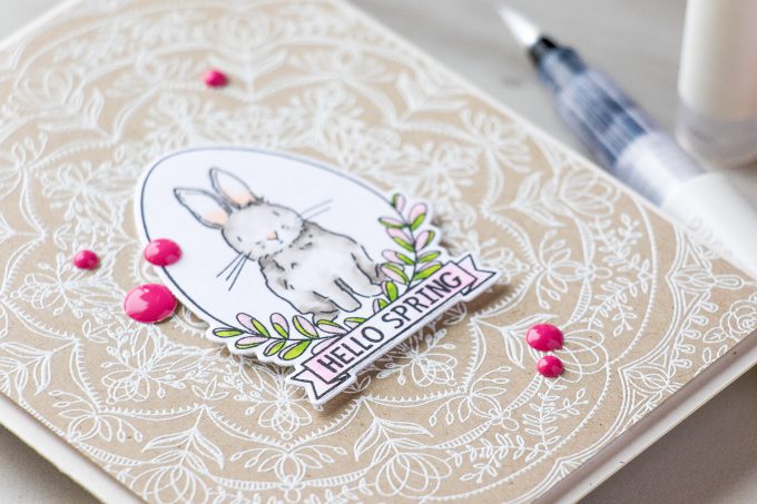 Simon Says Stamp | Hello Spring Bunny card by Yana Smakula using Spring Seeds SSS101700 and Rebecca Lace SSS101741 stamps from Simon Says Stamp. #stamping #adultcoloring #springcard #bunnycard