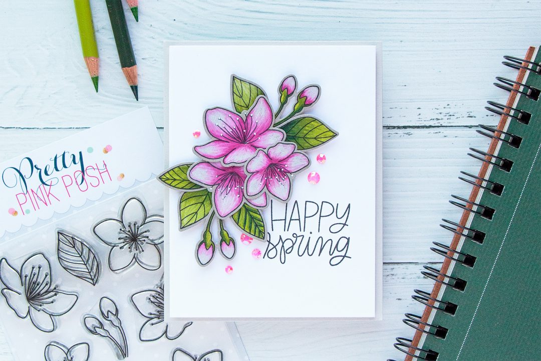 PRetty Pink Posh | Cherry Blossoms & Polychromos Pencils. Video + Blog Hop + Giveaway Handmade card by Yana Smakula #cardmaking #pencilcoloring #polychromos #adultcoloring #prettypinkposh
