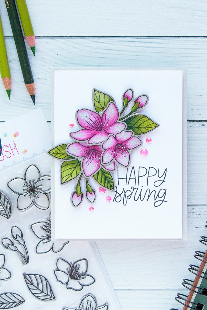 PRetty Pink Posh | Cherry Blossoms & Polychromos Pencils. Video + Blog Hop + Giveaway Handmade card by Yana Smakula #cardmaking #pencilcoloring #polychromos #adultcoloring #prettypinkposh