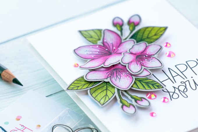 PRetty Pink Posh | Cherry Blossoms & Polychromos Pencils. Video + Blog Hop + Giveaway Handmade card by Yana Smakula #cardmaking #pencilcoloring #polychromos #adultcoloring #prettypinkposh