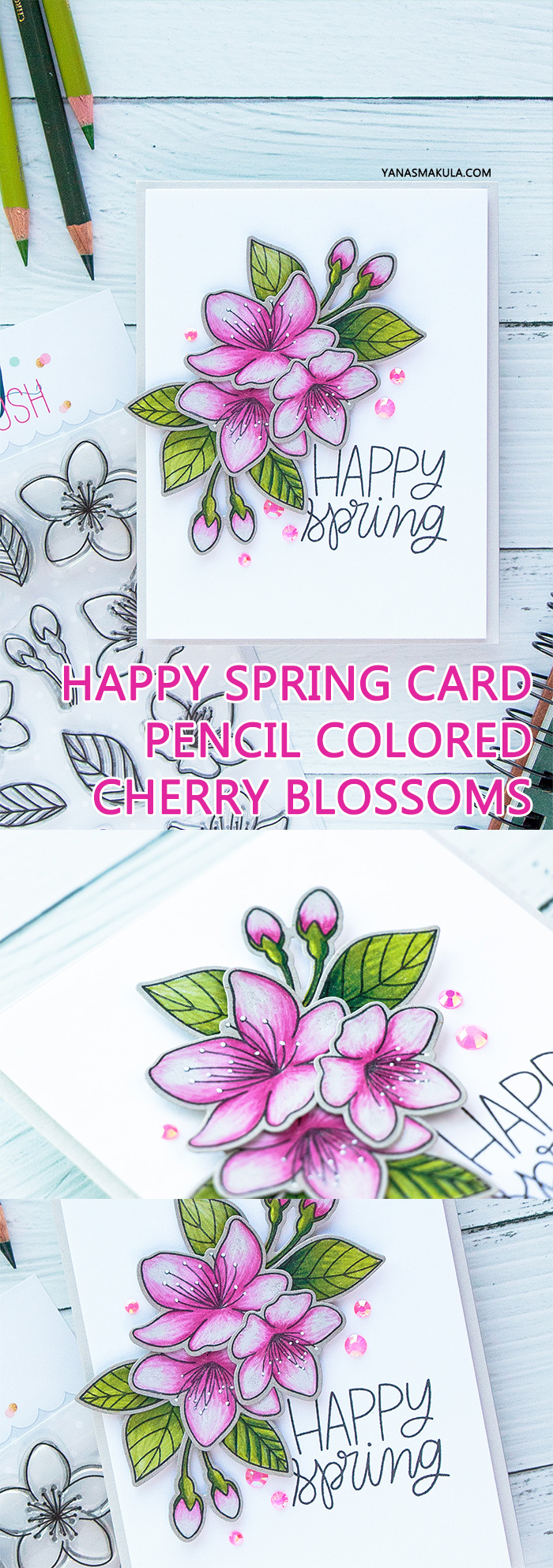 Pretty Pink Posh | Cherry Blossoms & Polychromos Pencils. Video + Blog Hop + Giveaway Handmade card by Yana Smakula #cardmaking #pencilcoloring #polychromos #adultcoloring #prettypinkposh
