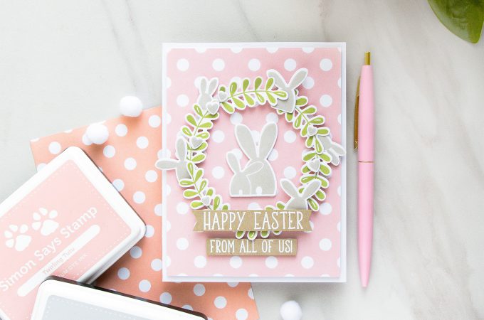 Simon Says Stamp | Happy Easter - Bunny Wreath Card by Yana Smakula using OH BUNNY sss101812, REVERSE POLKA Background sss101813 stamps #simonsaysstamp #simonsaysbestdays #stamping #eastercard #bunnycard
