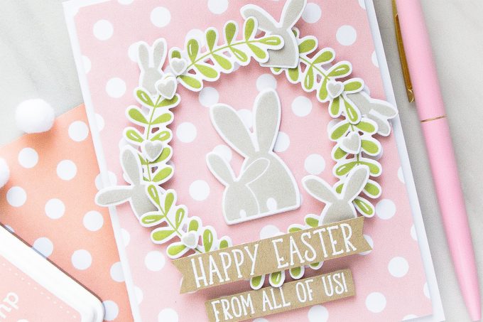Simon Says Stamp | Happy Easter - Bunny Wreath Card by Yana Smakula using OH BUNNY sss101812, REVERSE POLKA Background sss101813 stamps #simonsaysstamp #simonsaysbestdays #stamping #eastercard #bunnycard 