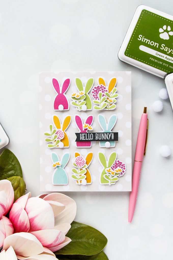 Simon Says Stamp | Action Wobble Happy Easter + Hello Bunny Cards using Oh Bunny sss101812, Reverse Polka Background sss101813 and Bold Flowers sss101811 from Simon Says Stamp #simonsaysstamp #eastercard #springcard #bunnycard #sss #simonsaysbestdays #cardmaking #stamping #diecutting