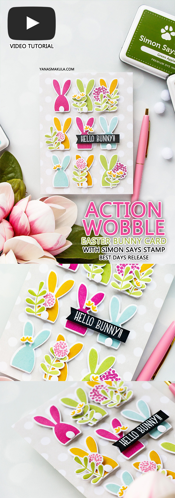 Simon Says Stamp | Action Wobble Happy Easter + Hello Bunny Cards using Oh Bunny sss101812, Reverse Polka Background sss101813 and Bold Flowers sss101811 from Simon Says Stamp #simonsaysstamp #eastercard #springcard #bunnycard #sss #simonsaysbestdays #cardmaking #stamping #diecutting