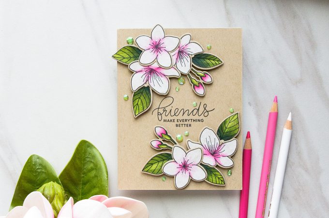 Pretty Pink Posh | Cherry Blossoms Friendship Card. Photo Tutorial by Yana Smakula #prettypinkpost #stamping #polychromos #coloring #adultcoloring #friendshipcard