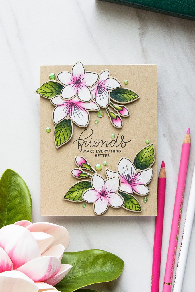 Pretty Pink Posh | Cherry Blossoms Friendship Card. Photo Tutorial by Yana Smakula #prettypinkpost #stamping #polychromos #coloring #adultcoloring #friendshipcard 