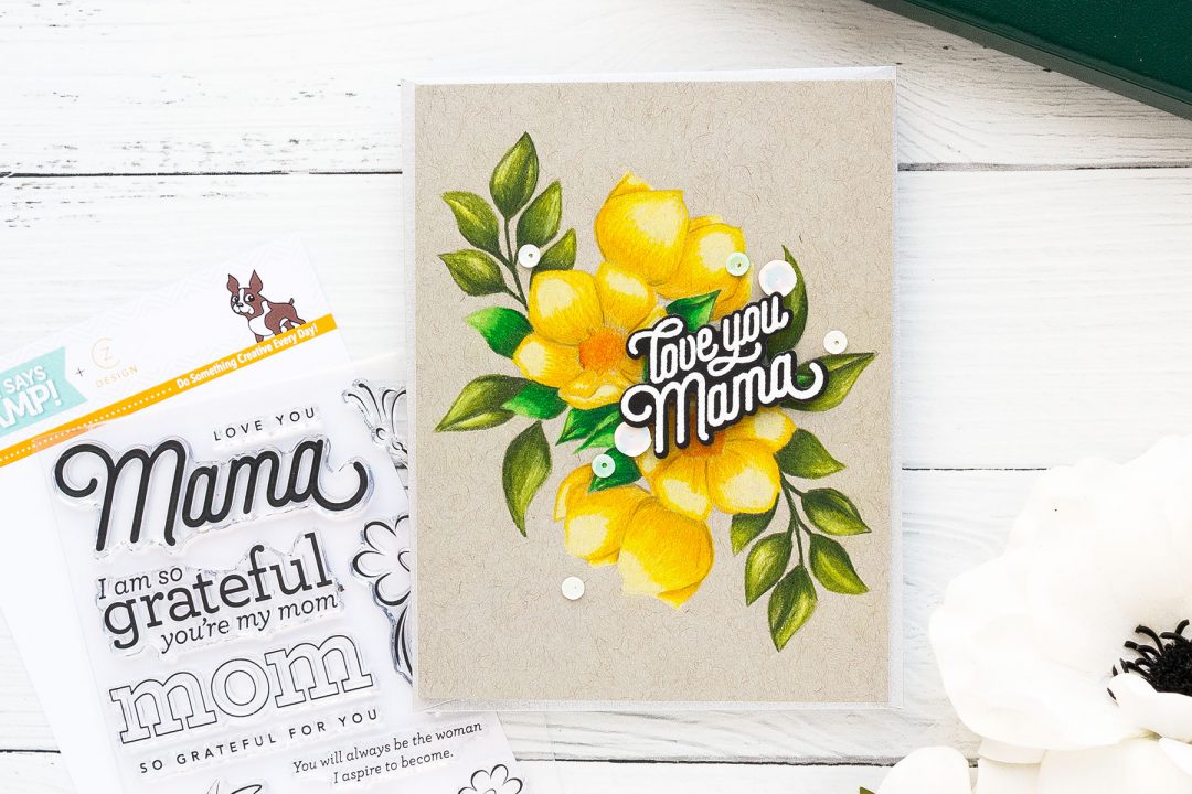 Simon Says Stamp | Mirror Floral Arrangement + Polychromos Coloring on Toned Gray Paper. Video by Yana Smakula #cardmaking #polychromos #pencilcoloring #adultcoloring #simonsaysstamp #stamping #nolinecoloring