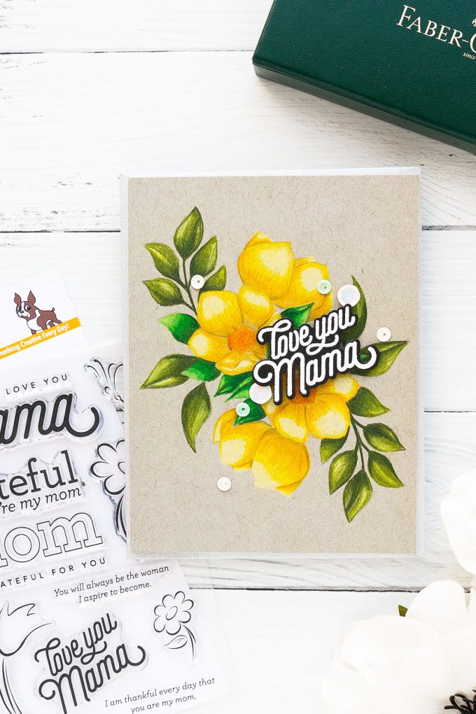 Simon Says Stamp | Mirror Floral Arrangement + Polychromos Coloring on Toned Gray Paper. Video by Yana Smakula #cardmaking #polychromos #pencilcoloring #adultcoloring #simonsaysstamp #stamping #nolinecoloring