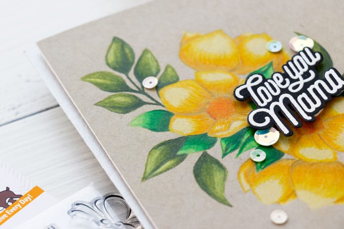 Simon Says Stamp | Mirror Floral Arrangement + Polychromos Coloring on Toned Gray Paper. Video by Yana Smakula #cardmaking #polychromos #pencilcoloring #adultcoloring #simonsaysstamp #stamping #nolinecoloring
