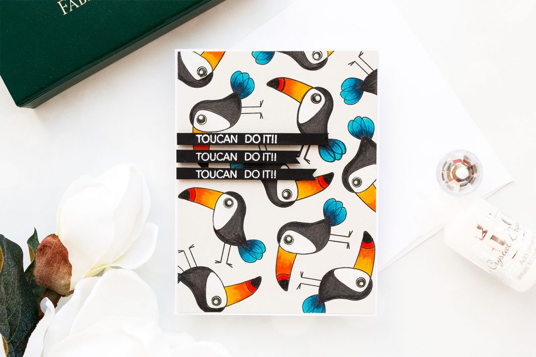 Simon Says Stamp | Toucan Do It! Pencil Colored Toucan Card. Photo Tutorial by Yana Smakula using ENCOURAGING ANIMALS SSS101747 stamp set #simonsaysstamp #sss #stamping #encouragingcard #polychromos #adultcoloring #stampedpattern